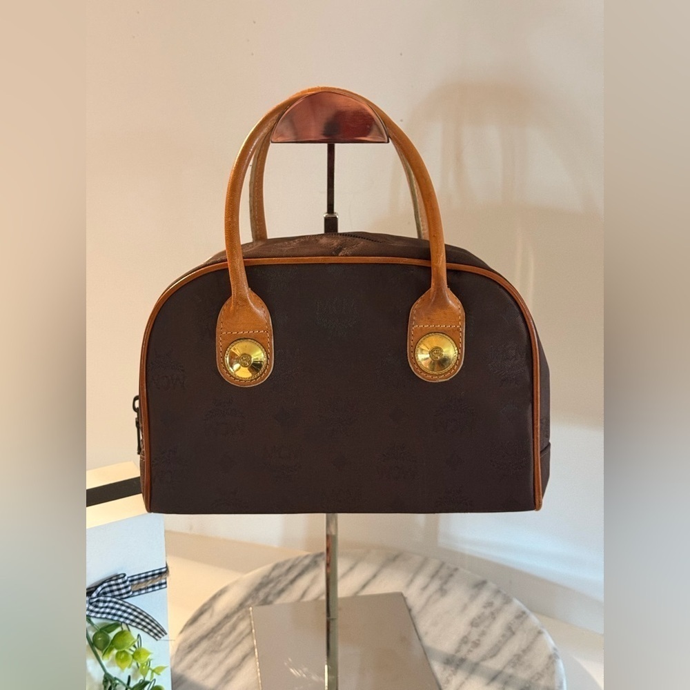 Vintage MCM Josef Grosse Bowler Satchel Visetos Brown Leather